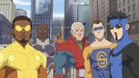 five costumed superheroes from an animated series