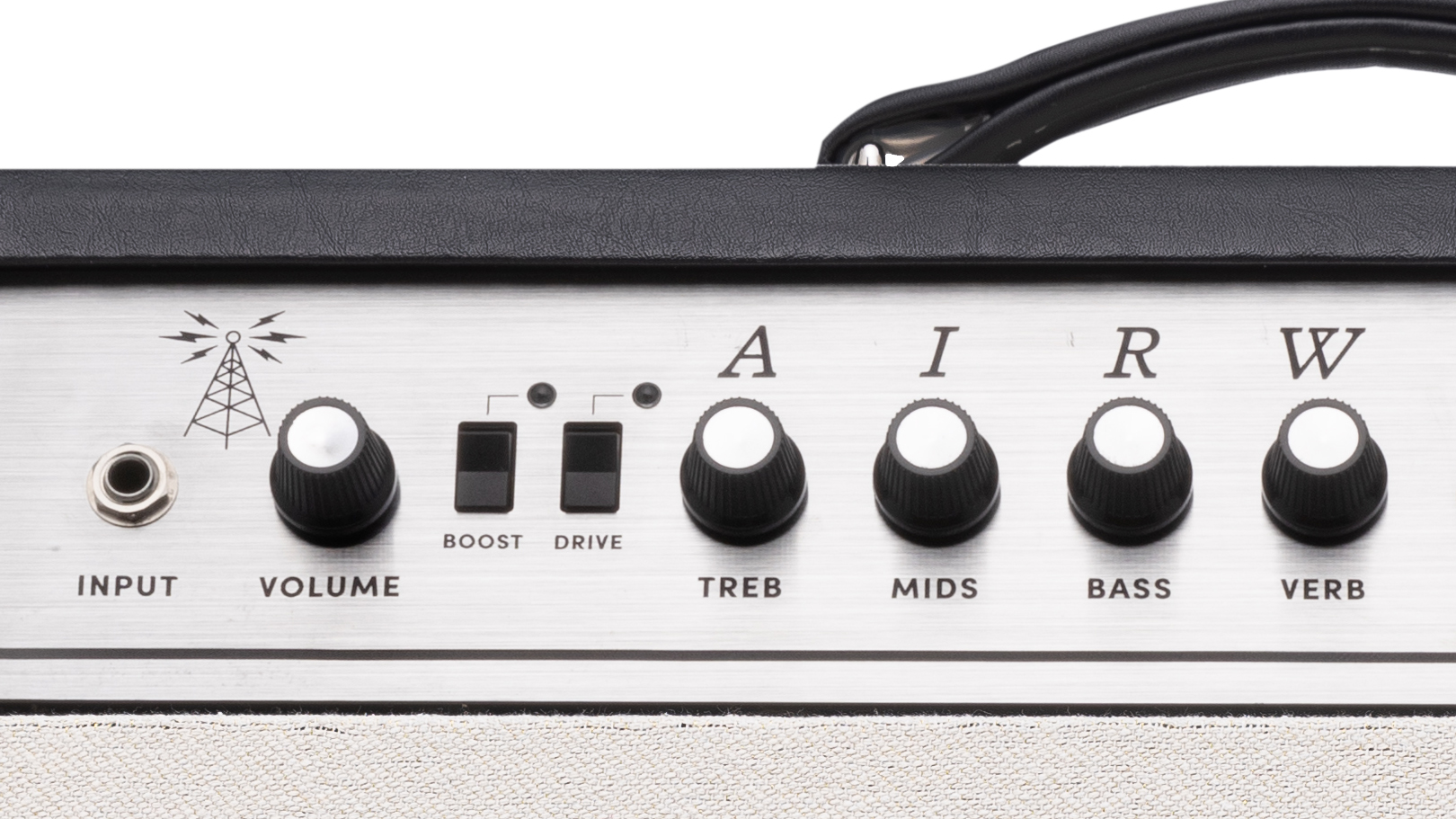 A photo showing a detail of the Supro Airwave 1x12 combo front panel