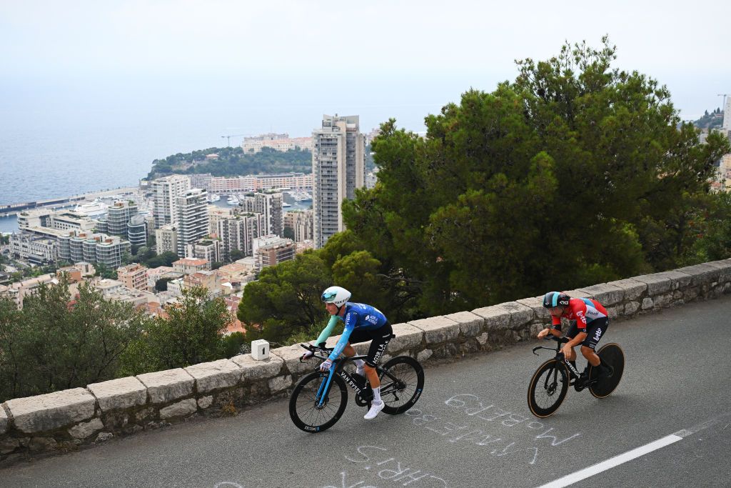 MONACO FRANCE JULY 21 LR Paul Lapeira of France and Decathlon AG2R La Mondiale Team and Victor Campenaerts of Belgium and Team Lotto Dstny sprint during the 111th Tour de France 2024 Stage 21 a 337km individual time trial from Monaco to Nice UCIWT on July 21 2024 in Monaco France Photo by Dario BelingheriGetty Images