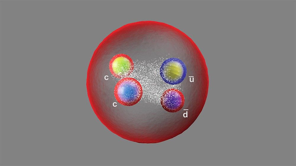 An artist&#039;s drawing of the new particle, called Tcc+, which is made up of two charm quarks, an up antiquark and a down antiquark.