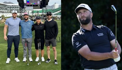 Rahm watches his iron shot and poses with JJ Watt, Tom Kim and Michael Phelps