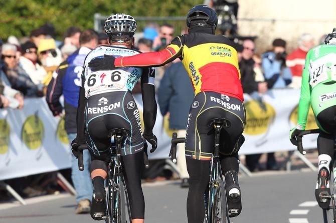 Omega Pharma-QuickStep teammates Iljo Keisse, left, and Tom Boonen provided plenty of horsepower in the finale for Mark Cavendish