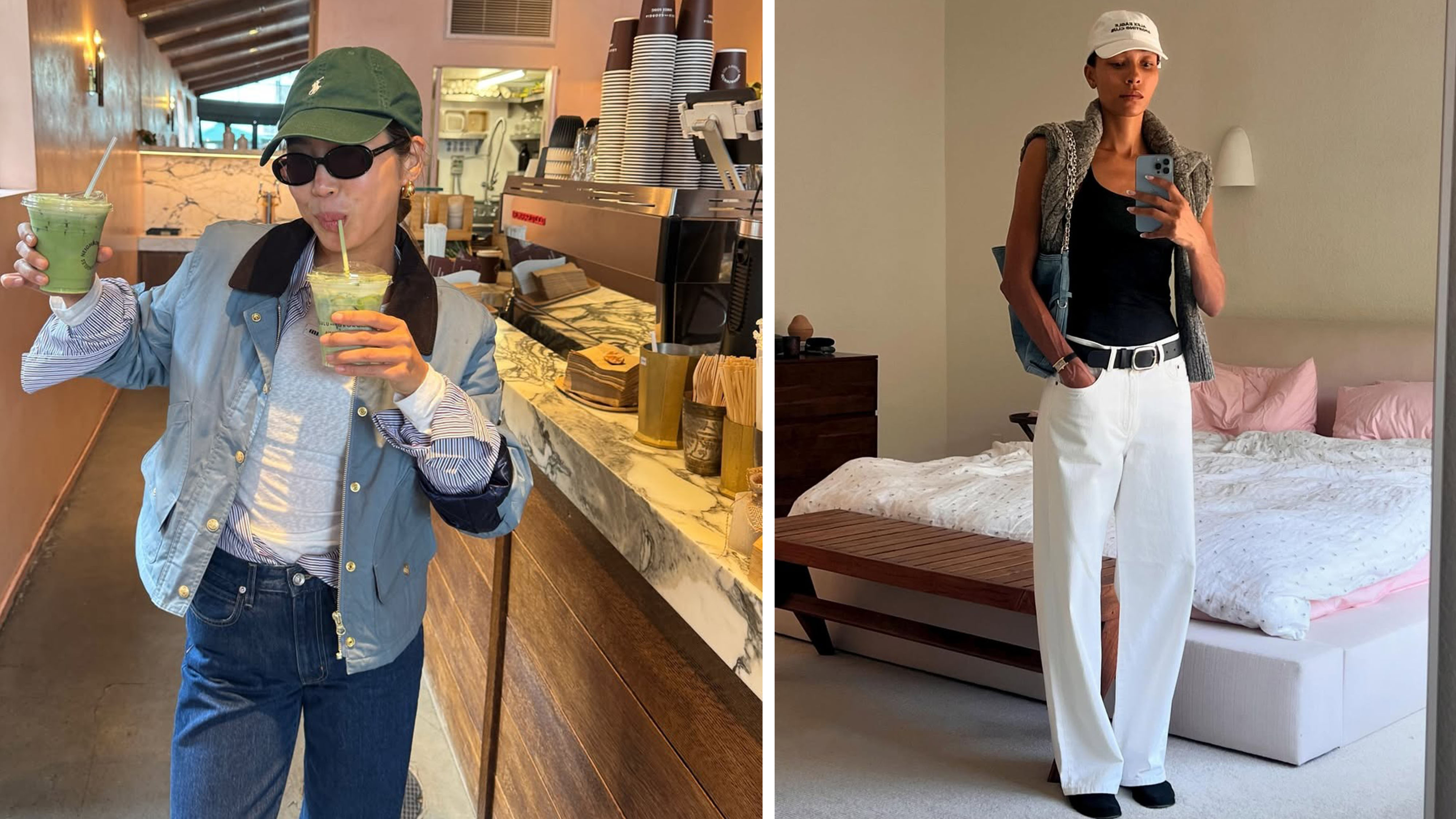 Women wearing jeans, tank tops, and baseball hats