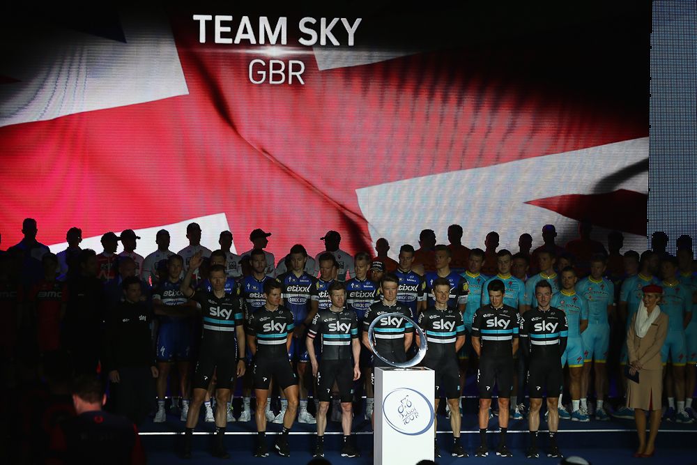 Team Sky on stage at the Tour of Dubai team presentation.