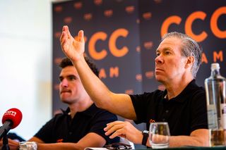 Greg Van Avermaet and Jim Ochowicz address assembled media at the CCC Team press conference