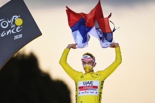 Tadej Pogačar (UAE Team Emirates) celebrates the 2020 Tour de France victory