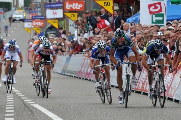 Laurent Mangel (Saur-Sojasun) wins the sprint from a 10-man escape.