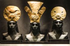 Pre-Columbian Inca gold ornamental adornments headpieces headdresses archaeological artifacts art artwork Larco Museum, Lima, Peru.