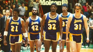 Delante Desouza, Quincy Isaiah, Solomon Hughes and Joel Allen as Michael Cooper, Magic Johnson, Kareem Abdul-Jabbar and Kurt Rambis on the court in Winning Time: The Rise of the Lakers Dynasty season 2