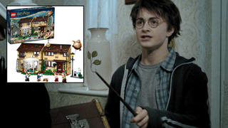 Daniel Radcliffe as Harry Potter holding a wand, and a picture of the Privet Drive Aunt Marge's Visit lego set