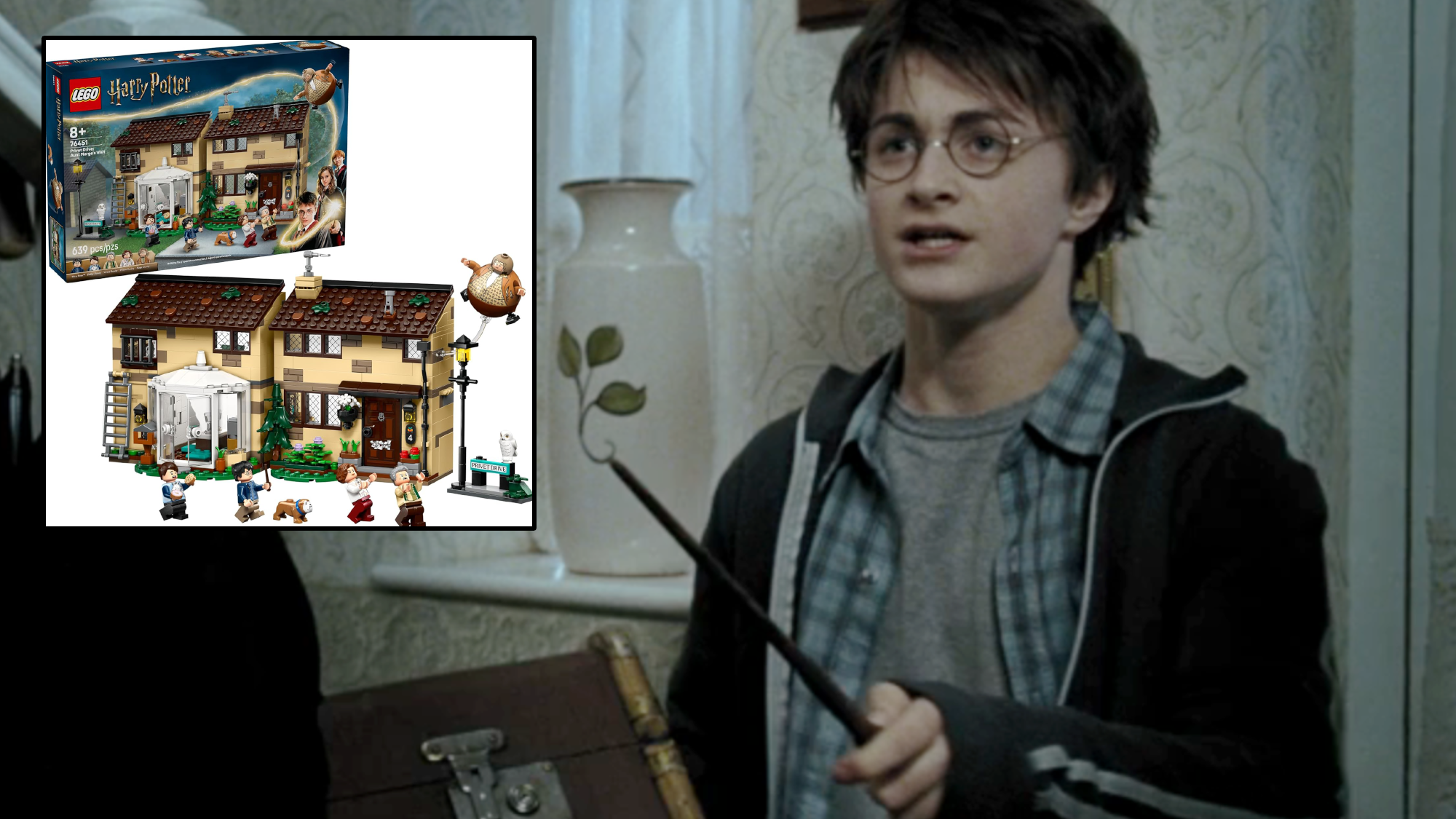 Daniel Radcliffe as Harry Potter holding a wand, and a picture of the Privet Drive Aunt Marge's Visit lego set