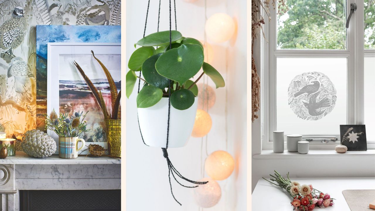 Compilation image of a mantel, string of lights and a decorated window to show how to decorate your house after Christmas