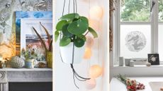 Compilation image of a mantel, string of lights and a decorated window to show how to decorate your house after Christmas