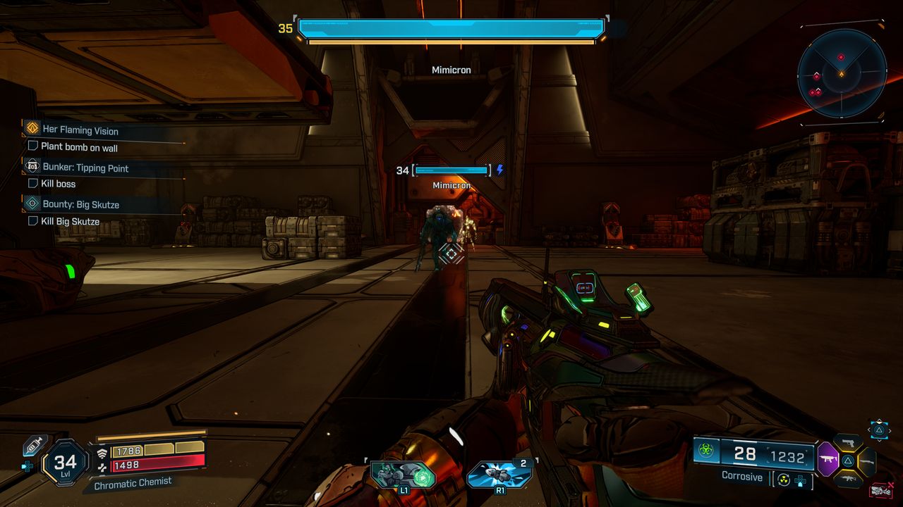 Borderlands 4 Complex Root location: A player fighting the Mimicron boss inside a dimly lit room.