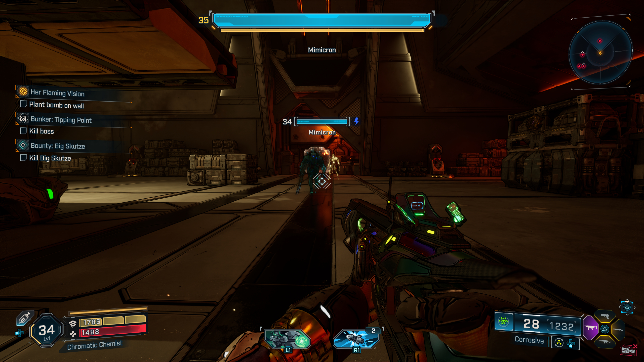 Borderlands 4 Complex Root location: A player fighting the Mimicron boss inside a dimly lit room.