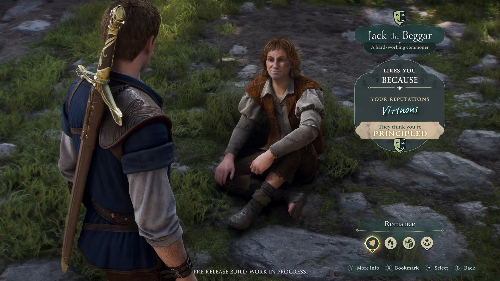 A medieval fantasy RPG scene shows a character with a sword speaking to Jack the Beggar, who sits on the ground. Text describes Jack as "hard-working" and "virtuous," with options for interaction.