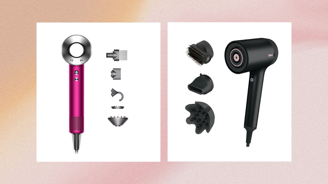 Collage of two images showing the Dyson Supersonic Hair Dryer (left) and the Shark iQ Hair Dryer (right), both with their attachments, in white boxes set against a pink and ochre watercolour-style background