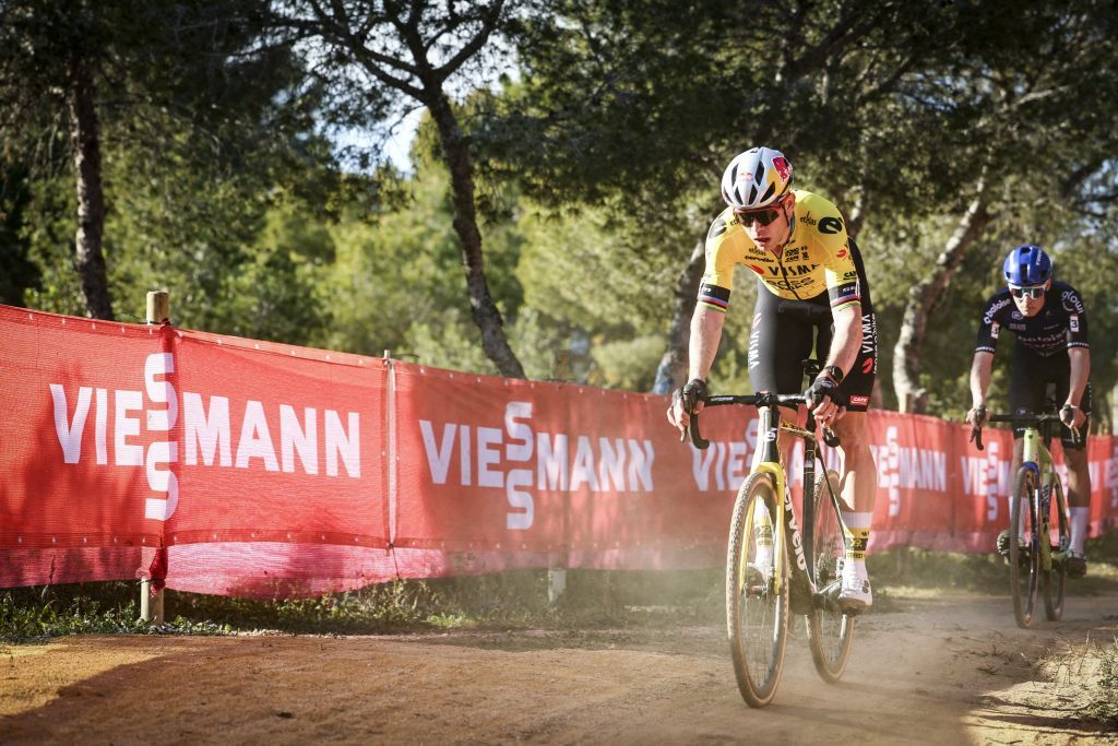 Belgian Wout van Aert pictured in action during the men's elite race at the cyclocross cycling event in Benidorm, Spain, Sunday 19 January 2025, stage 12/14 in the UCI World Cup competition. BELGA PHOTO DAVID PINTENS (Photo by DAVID PINTENS / BELGA MAG / Belga via AFP)