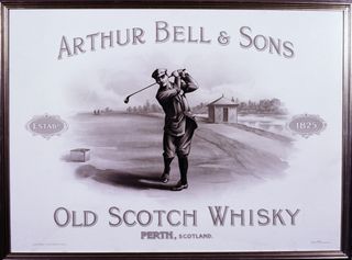 Historic advert for Arthur Bell & Sons Old Scotch Whisky using an image of a golfer