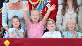 Princess Charlotte of Cambridge, Savannah Phillips, Prince George of Cambridge and Isla Phillips watch the flypast on the balcony of Buckingham Palace during Trooping The Colour on June 9, 2018 in London, England. The annual ceremony involving over 1400 guardsmen and cavalry, is believed to have first been performed during the reign of King Charles II. The parade marks the official birthday of the Sovereign, even though the Queen's actual birthday is on April 21st. (Photo by Chris Jackson/Getty Images)