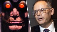 Left: Looking Glass cyborg staring at camera. Right: Tim Sweeney at court appearance in Epic v. Apple case
