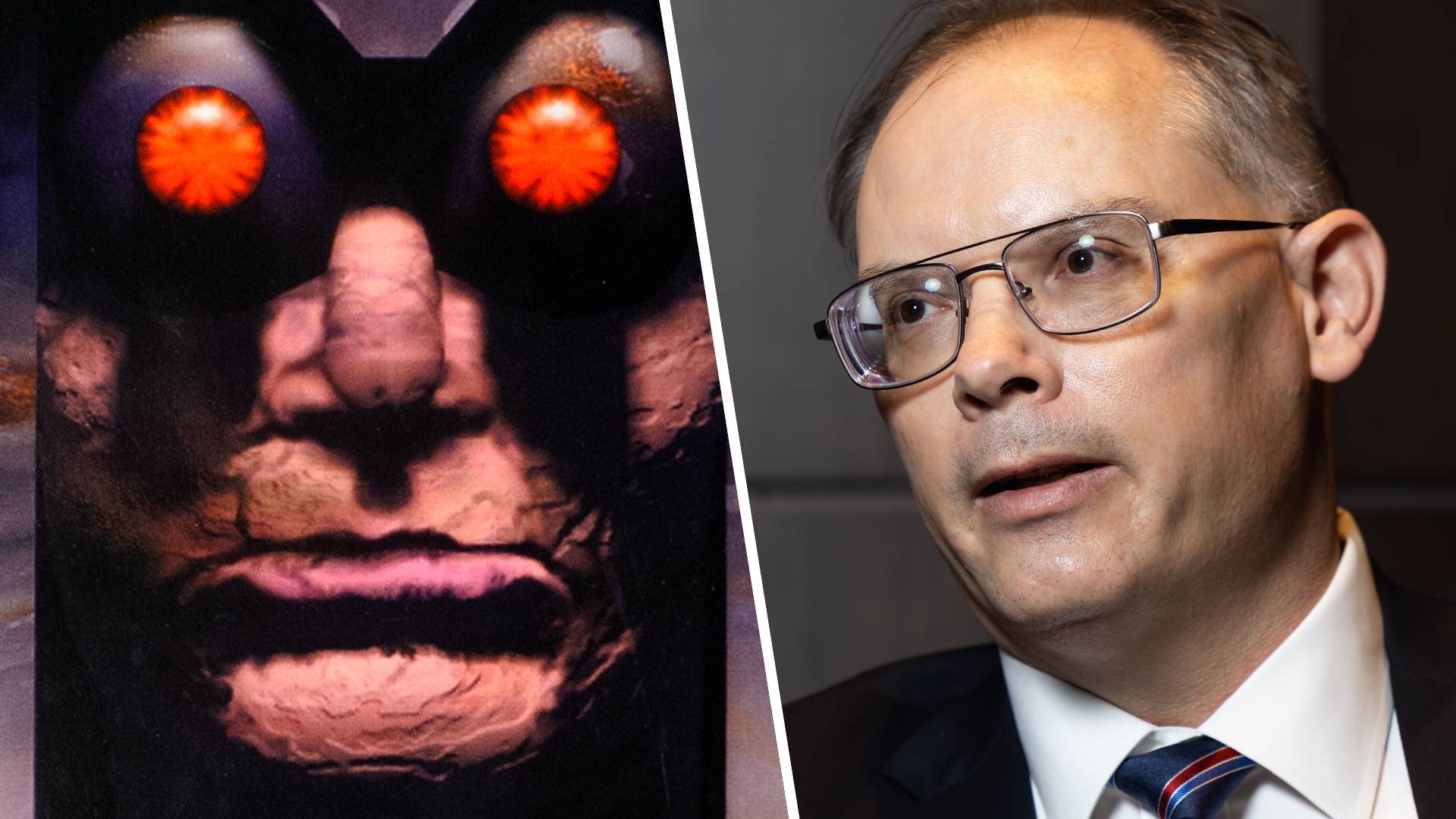 Left: Looking Glass cyborg staring at camera. Right: Tim Sweeney at court appearance in Epic v. Apple case