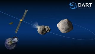 An artist's depiction of NASA's DART spacecraft flying into the asteroid Dimorphos.