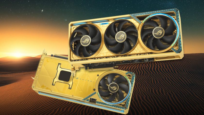 The Asus ROG Astral GeForce RTX 5090 Dhahab Edition, a gold-plated graphics card on a sand dune background