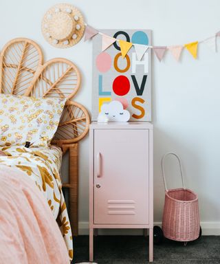 Toy storage ideas: Blush pink short locker design in kids bedroom by Mustard Made