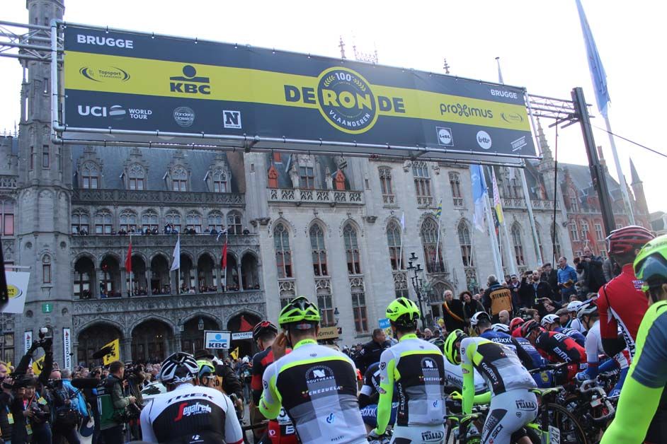 The riders wait to start the 100th Tour of Flanders
