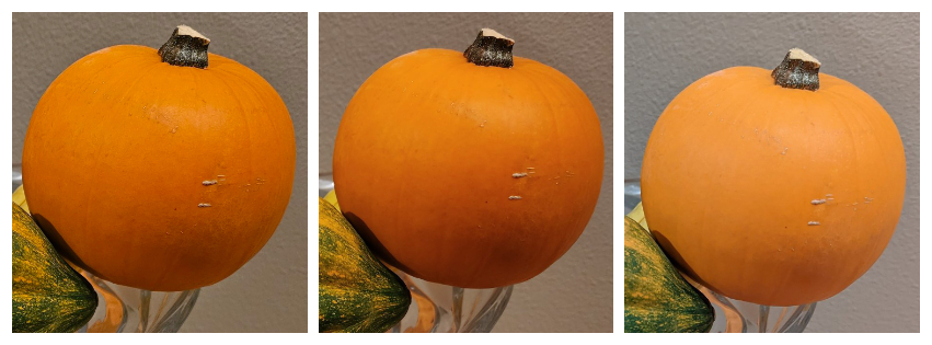 Three identical photos of an orange pumpkins side by side