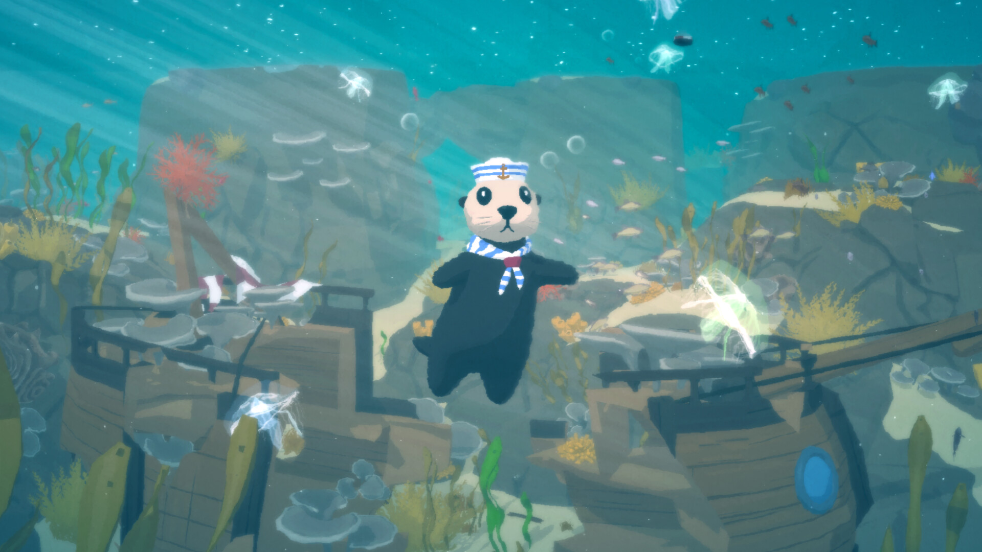 Otto the Otter wearing a sailor hat under the sea in indie adventure game, Otterly Lost