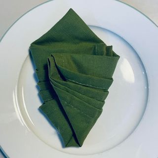 Green napkin with sides folded in on a white plate