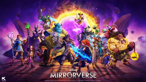 Various Disney heroes and villains pose dramatically over the Disney Mirrorverse logo