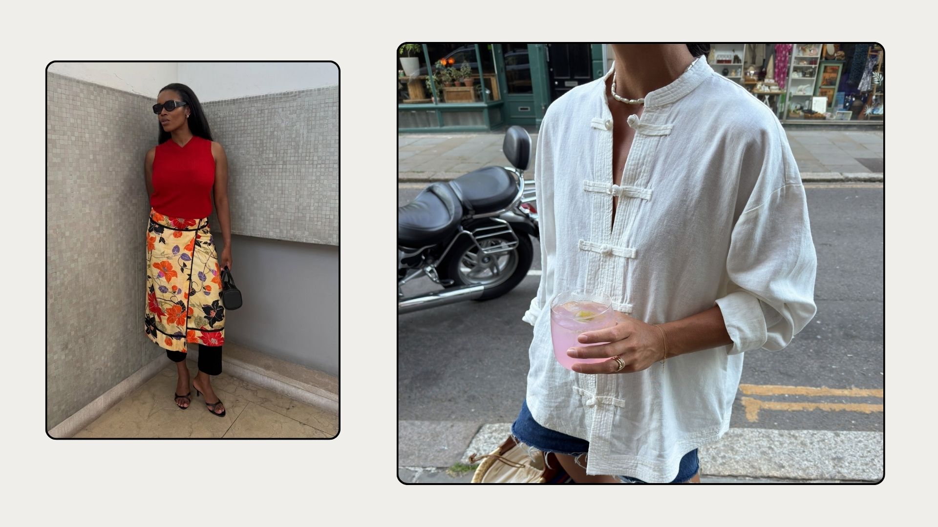 Marilyn wears a floral Zara skirt and red tank top, Emily wears a white frog fastening shirt from Zara