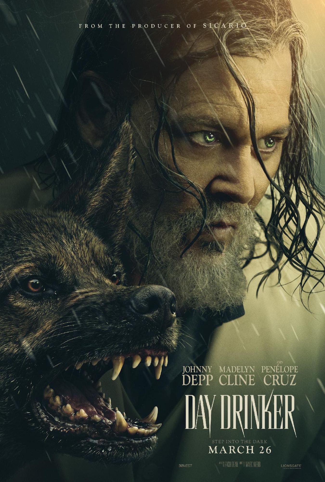 Johnny Depp with long grey hair in the rain next to a vicious looking dog with its sharp teeth showing in poster for Day Drinker
