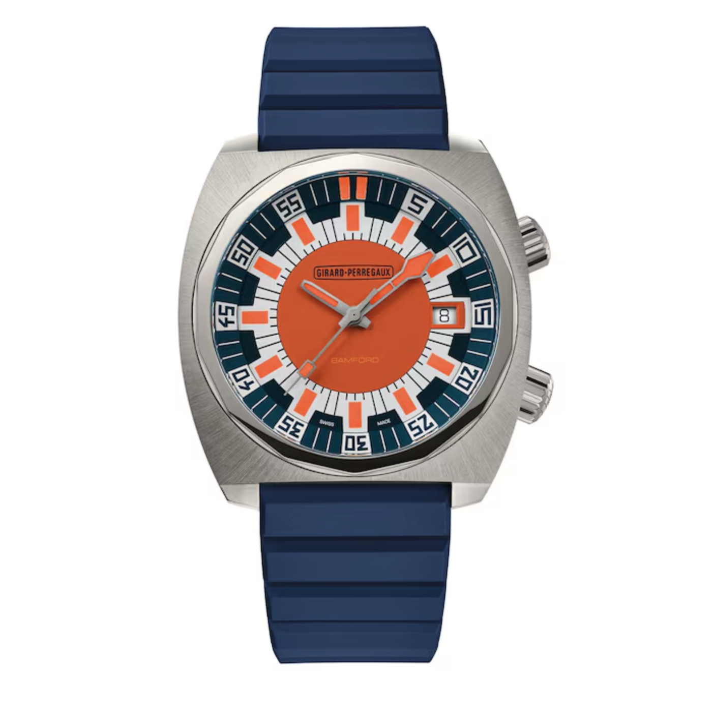 Blue watch with orange and blue dial