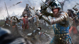 A medieval knight wielding a sword in Chivalry 2 promotional artwork.