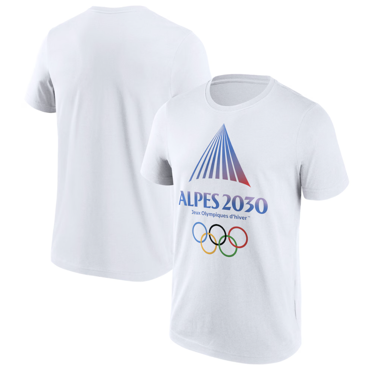 A plain white t-shirt shown from both the front and back, featuring the official Alpes 2030 Winter Olympics emblem printed on the chest