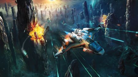 In Everspace, a spaceship flies away as two other ships that are firing laser shows at it, and another ship explodes nearby 