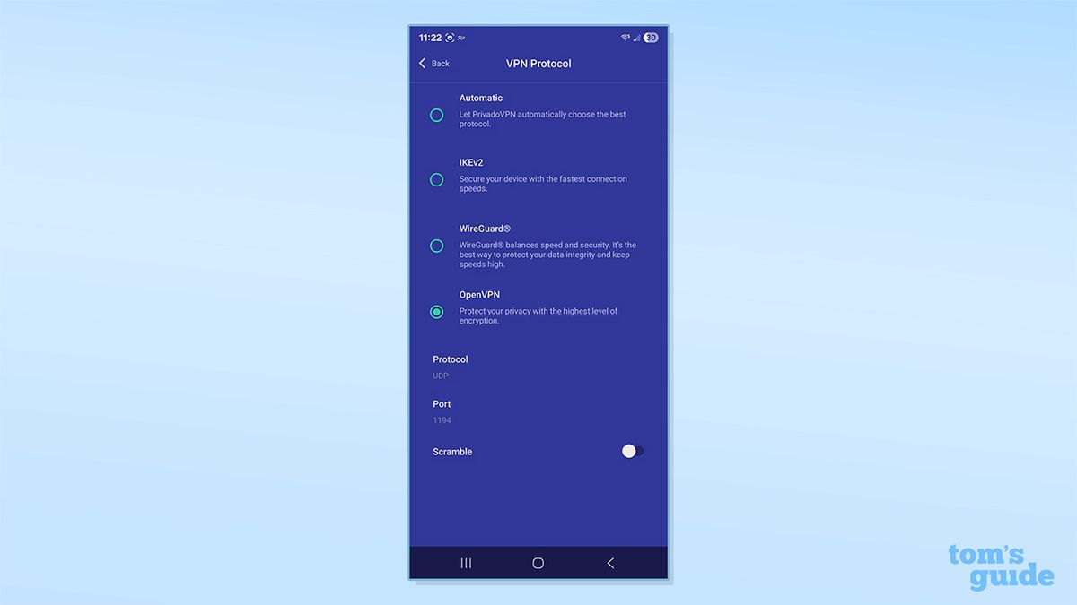 PrivadoVPN's VPN protocol selection on its free Android app, with the option to choose IKEv2, WireGuard or OpenVPN