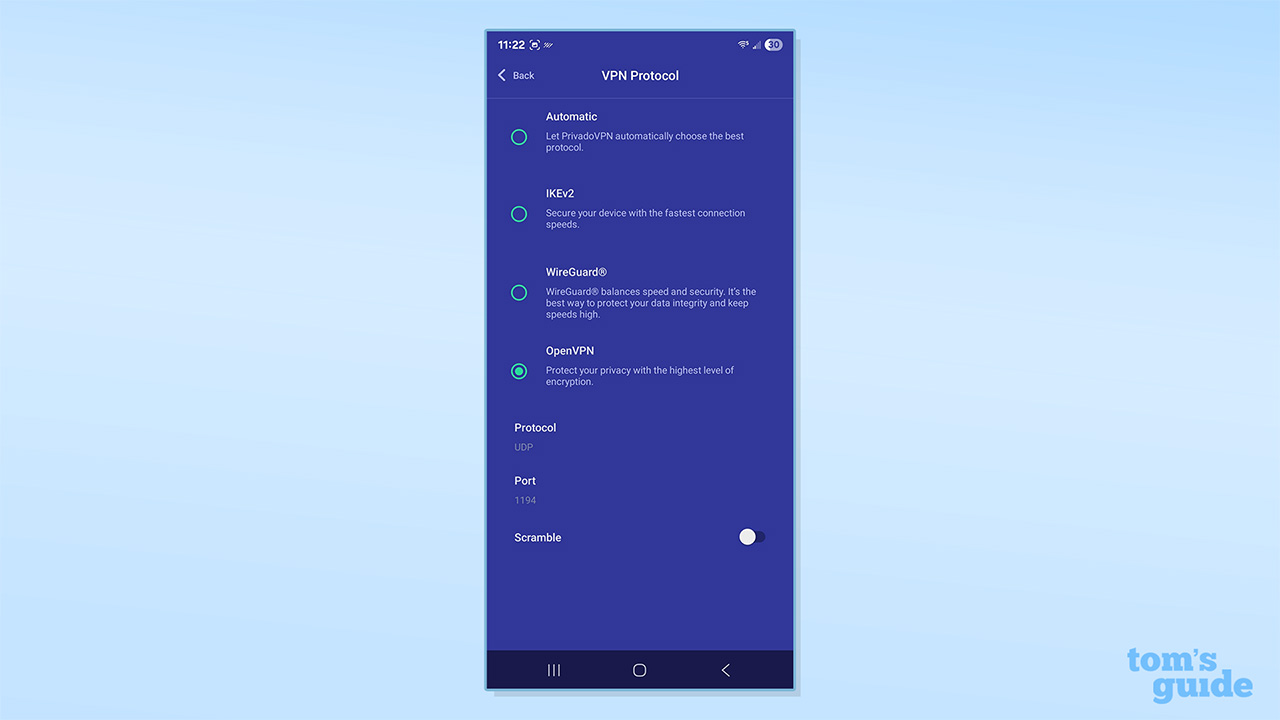 PrivadoVPN's VPN protocol selection on its free Android app, with the option to choose IKEv2, WireGuard or OpenVPN