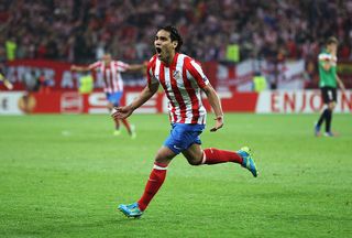 Radamel Falcao of Atletico Madrid celebrates scoring the opening goal during the UEFA Europa League Final between Atletico Madrid and Athletic Bilbao at the National Arena on May 9, 2012 in Bucharest, Romania. (Photo by Clive Rose/Getty Images)