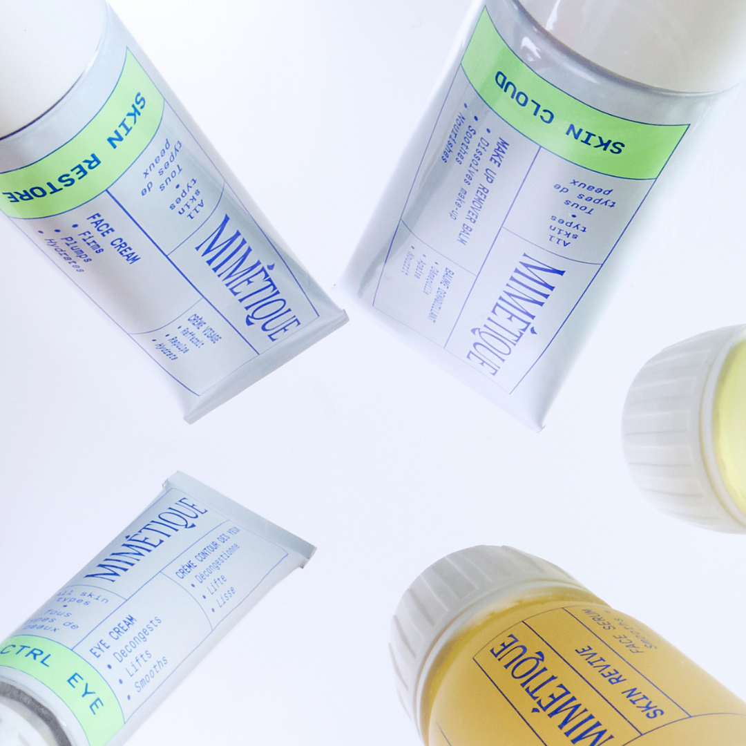 Bottom up view of five skincare products by Mimetique 