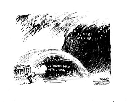 Political Cartoon U.S. Trump trade war China U.S. debt