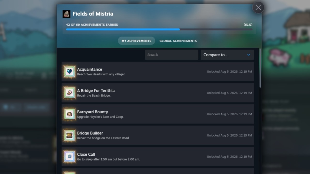 Steam library display for Fields of Mistria achievements list