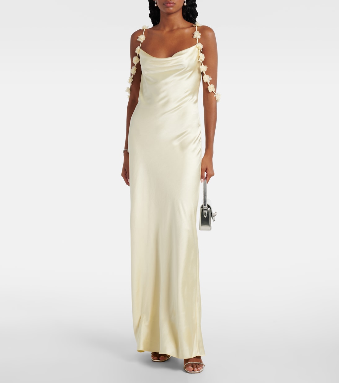 Floral-Appliqu&amp;eacute; Satin Maxi Dress in Yellow - Self Portrait