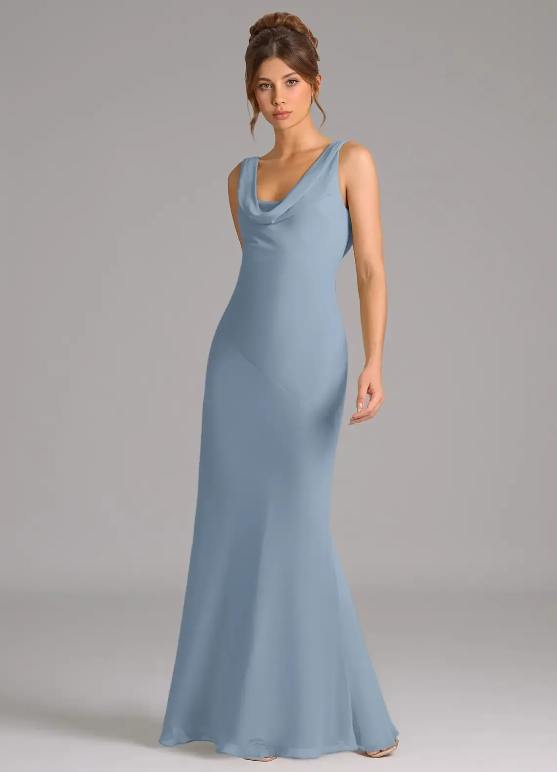 Azazi, Dusty Blue Mermaid Pleated Chiffon Dress