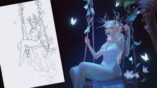 A sketch beside a finished digital artwork of a fairy on swing made with Procreate