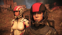 Two women in sci-fi armor stand on an alien planet: it's a Mass Effect 1 remaster screenshot.